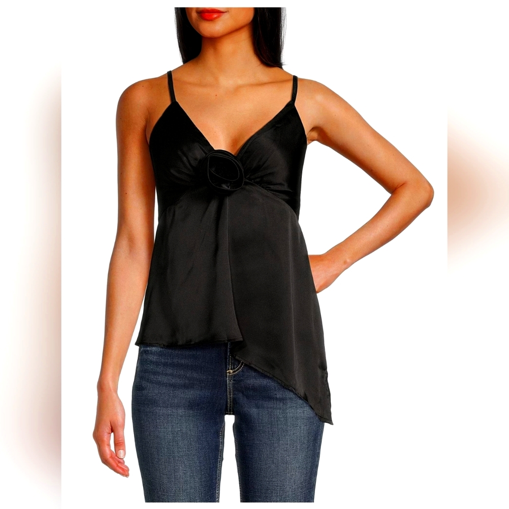 Angie Junior's Sleeveless Black Satin Rosette Trim Tank Top NEW